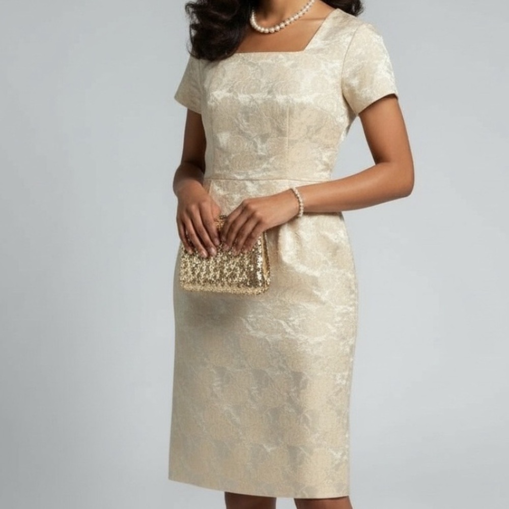 PTP17 Vintage Ivory Rose Jacquard Cocktail Dress Square Neck Wedding Guest